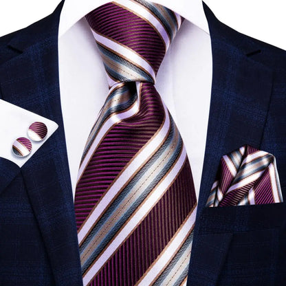 Hi-Tie Red Burgundy Plaid Silk Tie Set — Designer Men’s Necktie with Handkerchief & Cufflinks for Wedding or Business