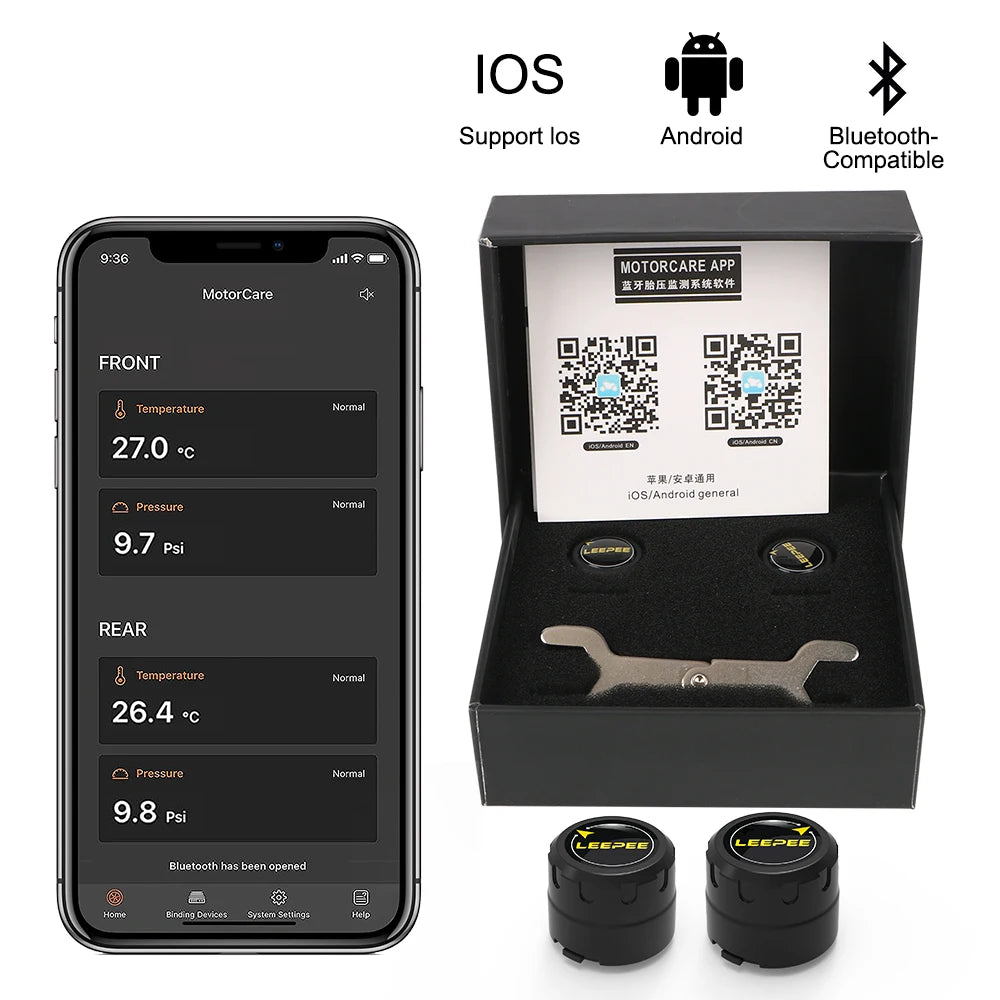 Motorcycle TPMS Bluetooth 4.0/5.0 Tire Pressure Monitoring System – 2 Sensors Pit Bike Tyre Tester Diagnostic Set
