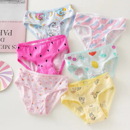 3/6/9/12 Pcs Cotton Girls Kids Underwear - Cute Cartoon Print Briefs with Lace Trim Soft Children Short Panties