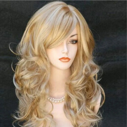 Blonde Wavy Curly Long Synthetic Wig – Heat-Resistant Fiber Costume Party Wig for Women