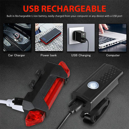 USB Rechargeable Bike Light Set – Front and Taillight with 3 Modes, Easy to Install Bicycle Accessories for Road and MTB