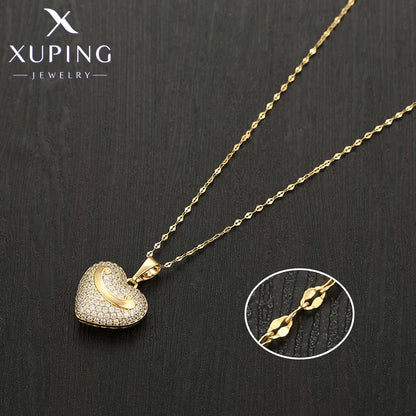 Xuping Heart Pendant Necklace - Light Gold-Tone Jewelry with Random Chain for Women and Girls, Elegant Gift X001039955