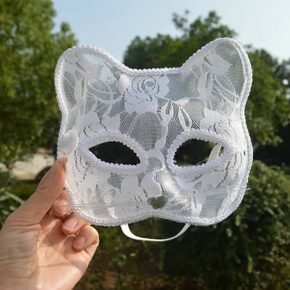 Women's Cat Face Lace Mask - Elegant Animal Masquerade Mask for Halloween Cosplay & Parties