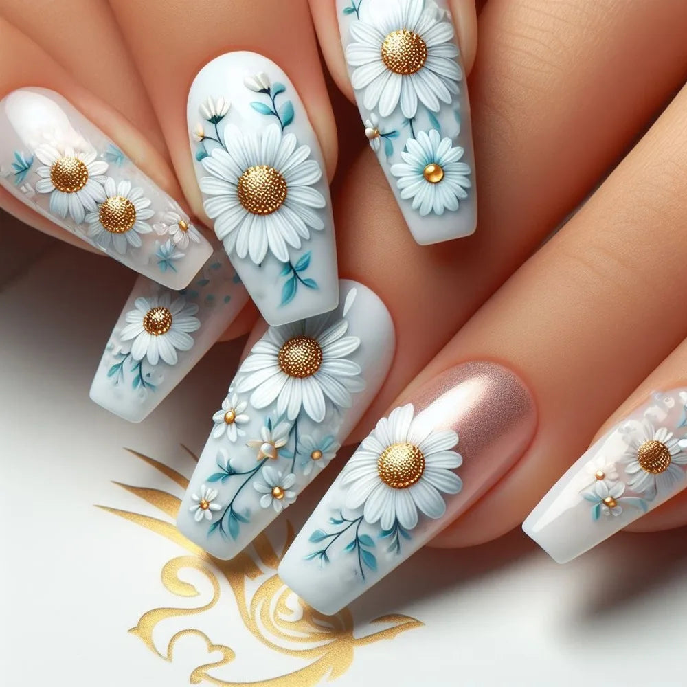 24pcs Blue Golden Stripe Press-On Nails Shiny Powder Long Square Full Cover False Nail Tips Wearable Love Design