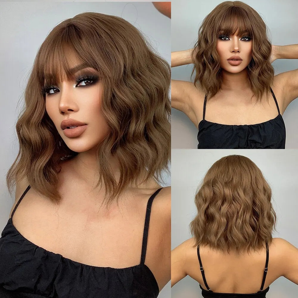 Women’s Grey Wavy Bob Wig with Bangs — Short Blonde Ombre Synthetic Hair with Dark Roots for Daily Wear