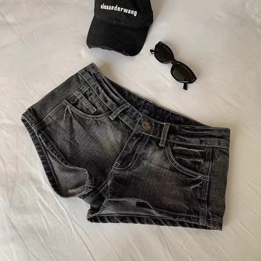 Vintage Women’s Denim Shorts – Low Waist Elastic Skinny Black & Grey Washed Summer Hot Jeans