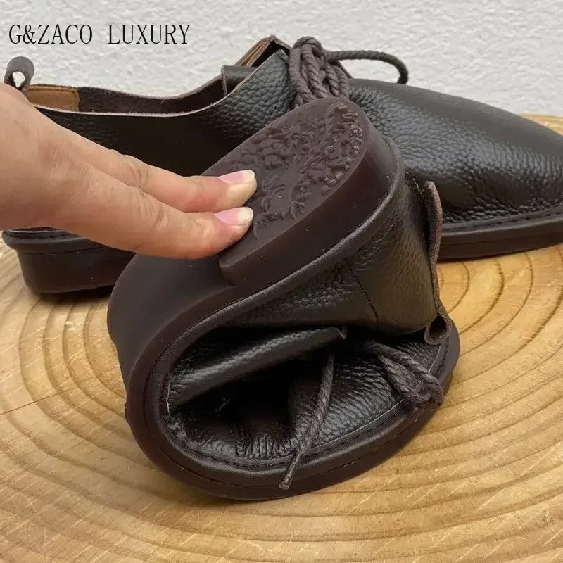 Barefoot Retro Handmade Genuine Leather Women’s Shoes – Soft Sole Wide Toe Flat Casual Lace-Up Footwear, Size 43