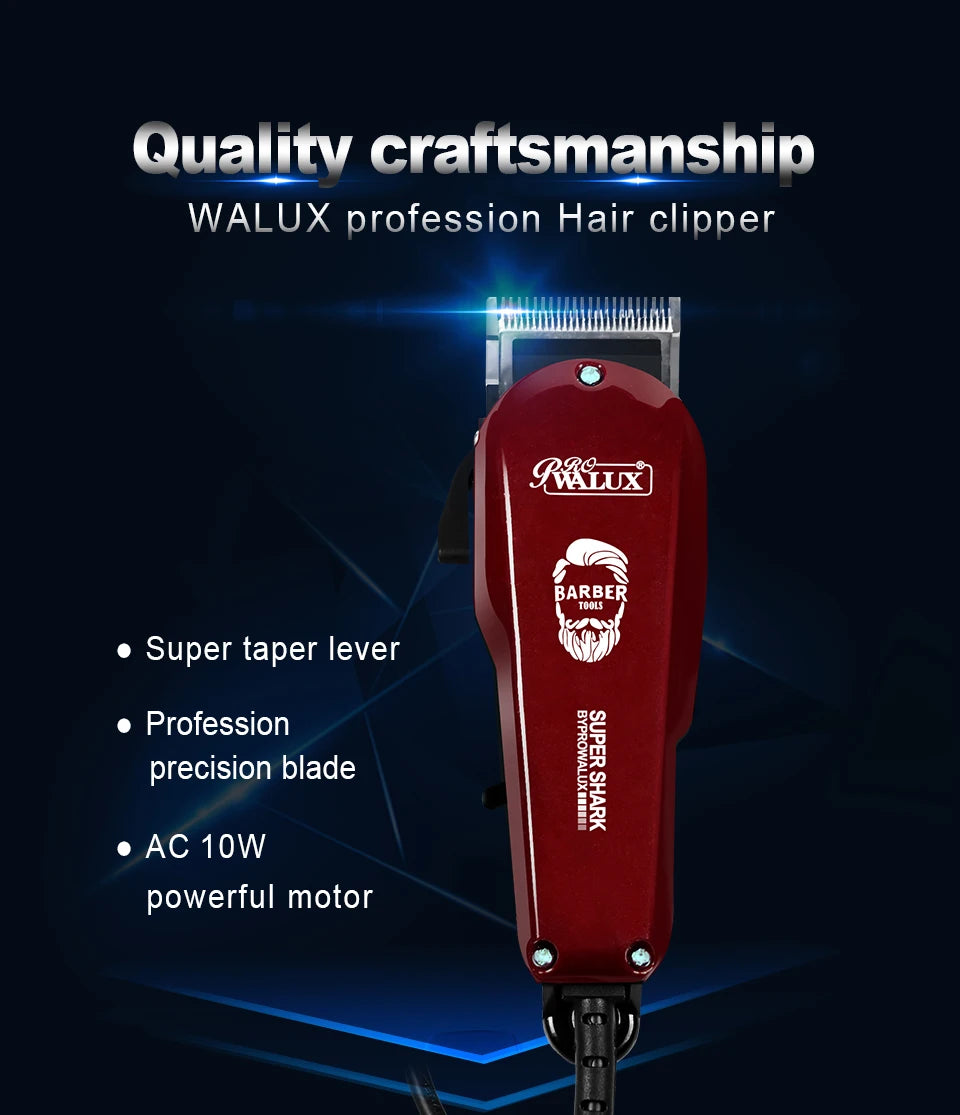 WALUX Professional AC220-240V Hair Clipper – 10W Powerful Hair Trimmer with 2M Cable & 8 Guard Combs for Home Use