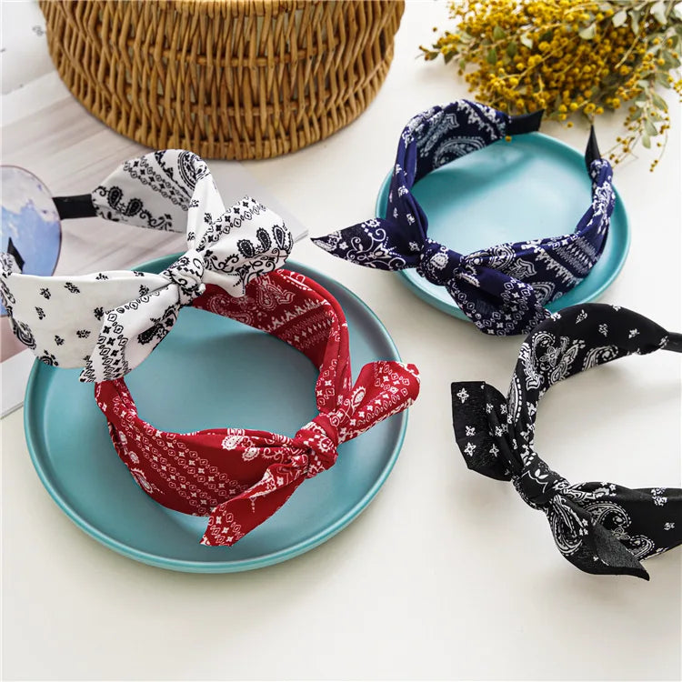 Fashion Paisley Bandana Headband — Knotted Bow Rabbit Ear Turban Hairwrap for Women & Girls