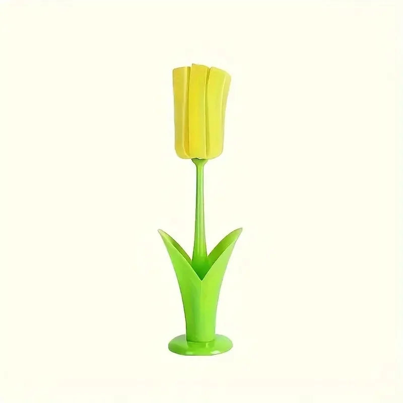 Tulip Cup Brush with Detachable Sponge Head – Long Handle Bottle & Glass Cleaning Brush Durable Kitchen Cleaning Tool