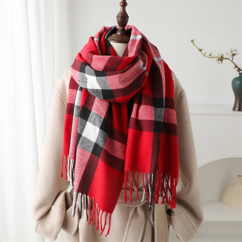 Luxury Brand Winter Plaid Cashmere-Like Blanket Scarf - Thick Warm Pashmina Shawl Wrap with Tassels, Poncho Stoles Echarpe