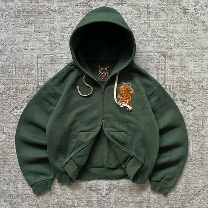 Y2K Tiger Embroidered Hoodie - Oversized Unisex Zip Up Sweatshirt with Kangaroo Pocket
