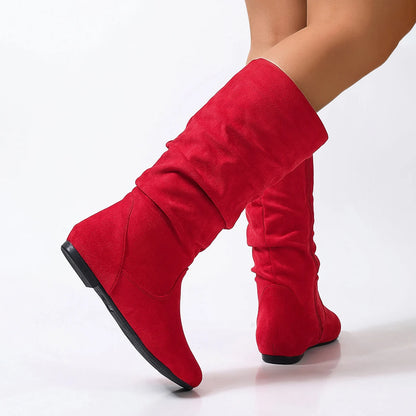 Pleated PU Women’s Fashion Boots – Casual Side-Zip Round Toe Flat High Solid Color Boots