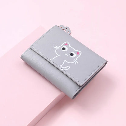 Women’s Cute Cat PU Leather Wallet — Small Short Card Holder Purse with Hasp, Fashion Money Bag for Girls & Gifts