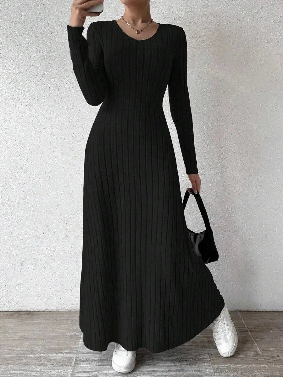 Knitted Long Sleeve A-Line Dress - Women's Slim Fit Solid Color Streetwear Maxi Dress with Elegant Silhouette