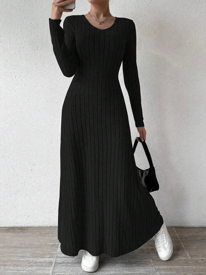 Knitted Long Sleeve A-Line Dress - Women's Slim Fit Solid Color Streetwear Maxi Dress with Elegant Silhouette