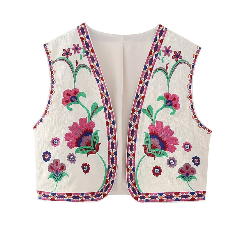 KEYANKETIAN Women's Vintage Floral Embroidered Open Waistcoat – National Style Vest Jacket, Casual Vacation Crop Top