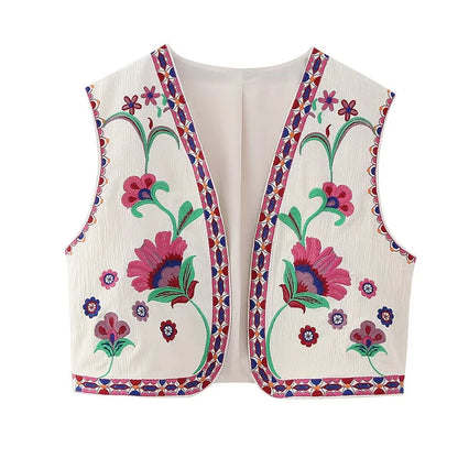 KEYANKETIAN Women's Vintage Floral Embroidered Open Waistcoat – National Style Vest Jacket, Casual Vacation Crop Top