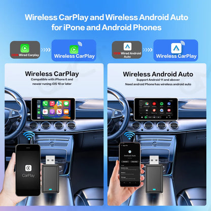 Wireless CarPlay & Android Auto Adapter - Smart Dongle 2-in-1, 2.4G & 5.8GHz WiFi, Bluetooth, Auto Connect, Plug & Play for Wired AA/CP