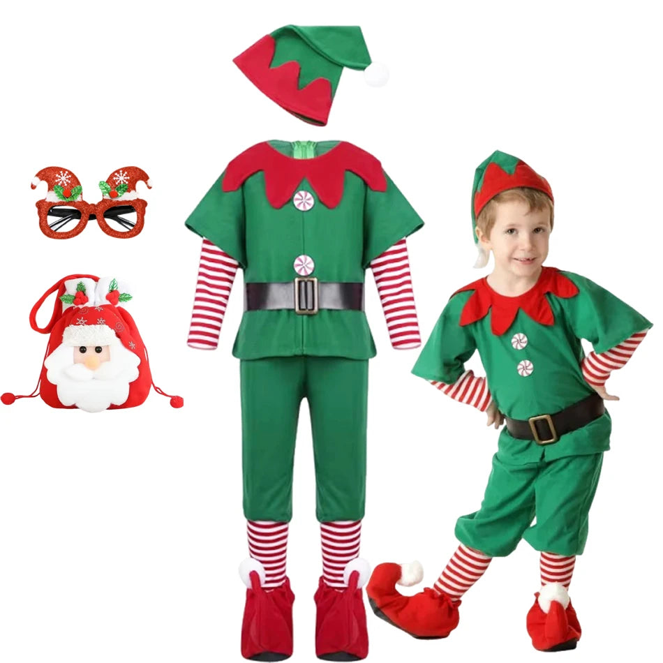 Kids Christmas Elf Costume Set – Green Santa Helper Outfit with Hat for Boys & Girls Holiday Party & Performance Wear