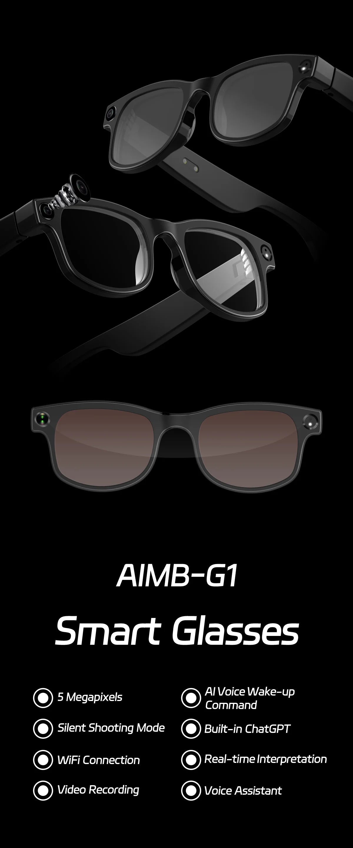 500W AI Smart Camera Sunglasses 3-in-1 Lens HD1080P ChatGPT Voice Control WiFi Bluetooth Intelligent Glasses