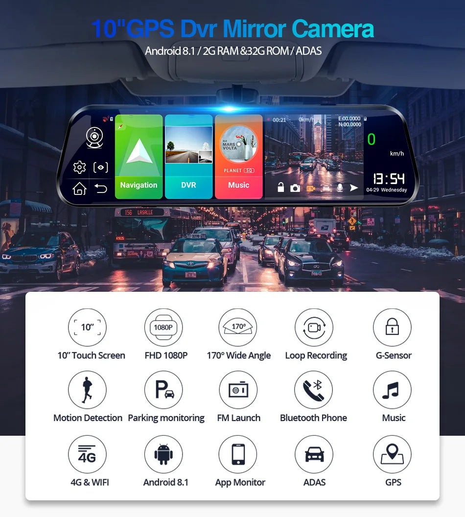 E-ACE 10'' 4G Android Dash Cam – FHD 1080P Dual Lens Rearview Mirror DVR with ADAS & Streaming