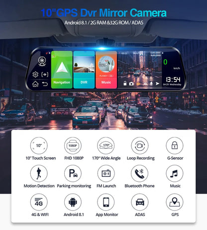 E-ACE 10'' 4G Android Dash Cam – FHD 1080P Dual Lens Rearview Mirror DVR with ADAS & Streaming