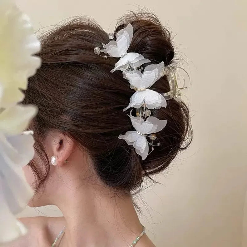 Sheer Butterfly Claw Clip - Pearl Rhinestone Fairycore Hair Accessory