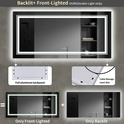 Extra Large Rectangle LED Bathroom Mirror – Dimmable, Anti-Fog, Shatter-Proof Vanity Mirror with Front & Backlight