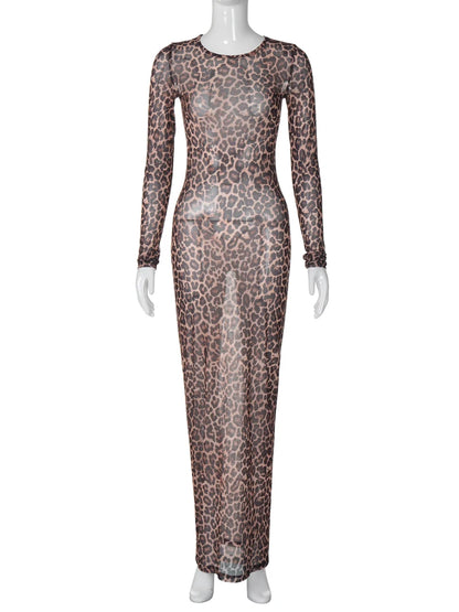 Hugcitar Leopard Print Mesh Long Sleeve Maxi Dress – Sexy Slim See-Through Fall Fashion for Women, Beach & Club Outfits