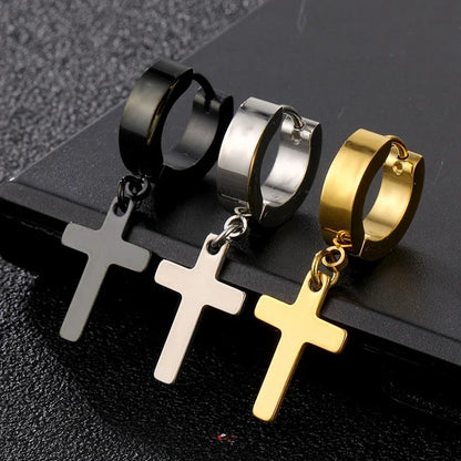 Stainless Steel Cross Star Dangle Earrings - Punk Gothic Hoop Huggie Jewelry for Men & Women