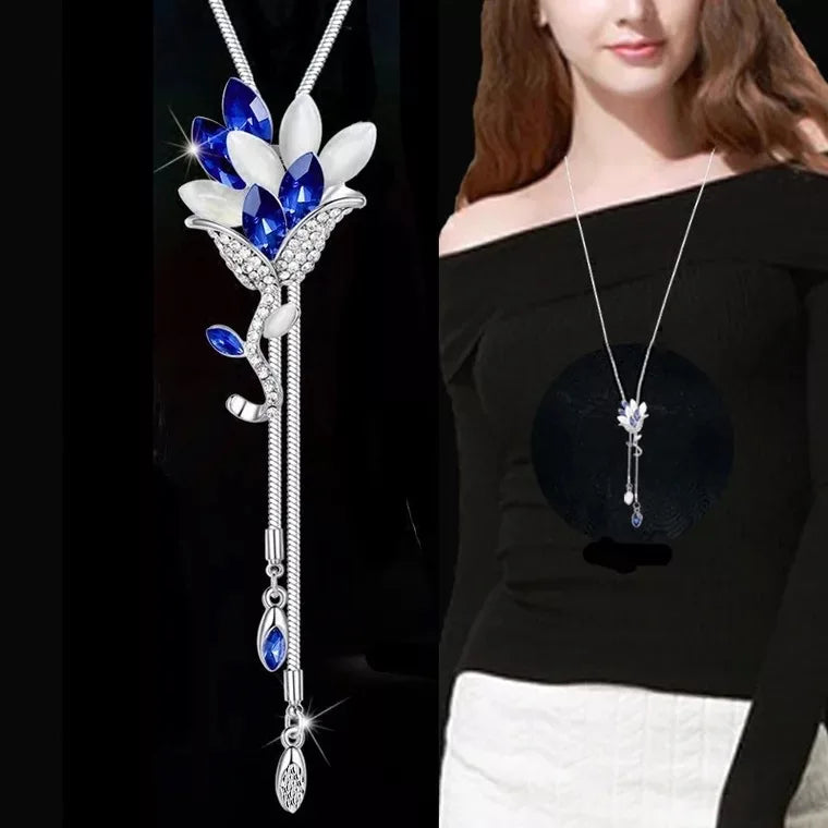 Opal Tulip Long Sweater Necklace – Elegant Floral Pendant Chain for Women Autumn Winter Fashion Accessories