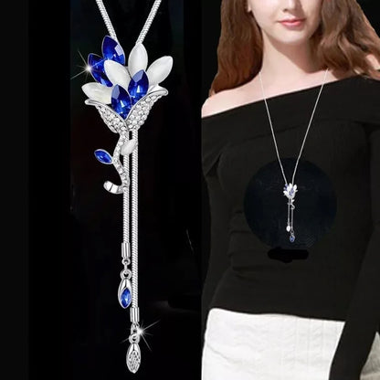 Opal Tulip Long Sweater Necklace – Elegant Floral Pendant Chain for Women Autumn Winter Fashion Accessories
