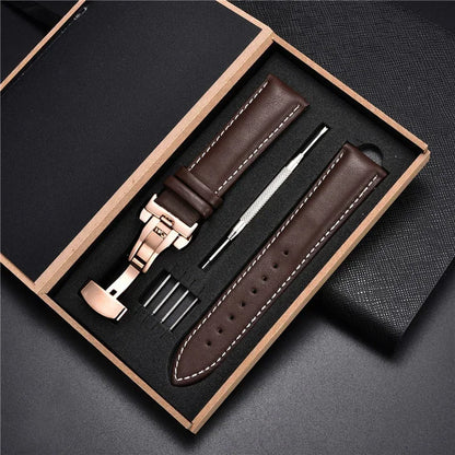 Genuine Leather Watch Strap - 18mm, 20mm, 22mm & 24mm Replacement Band with Butterfly Buckle for Men and Women