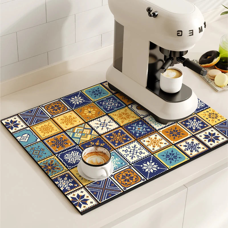 Retro Coffee Maker & Dish Drying Mat – Non-Slip, Quick-Dry Kitchen Placemat for Tableware, Washable