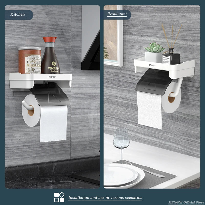 MENGNI Wall Mount Toilet Paper Holder - Waterproof Plastic Roll Paper Storage Rack for Bathroom Tissue - Organizer Shelves