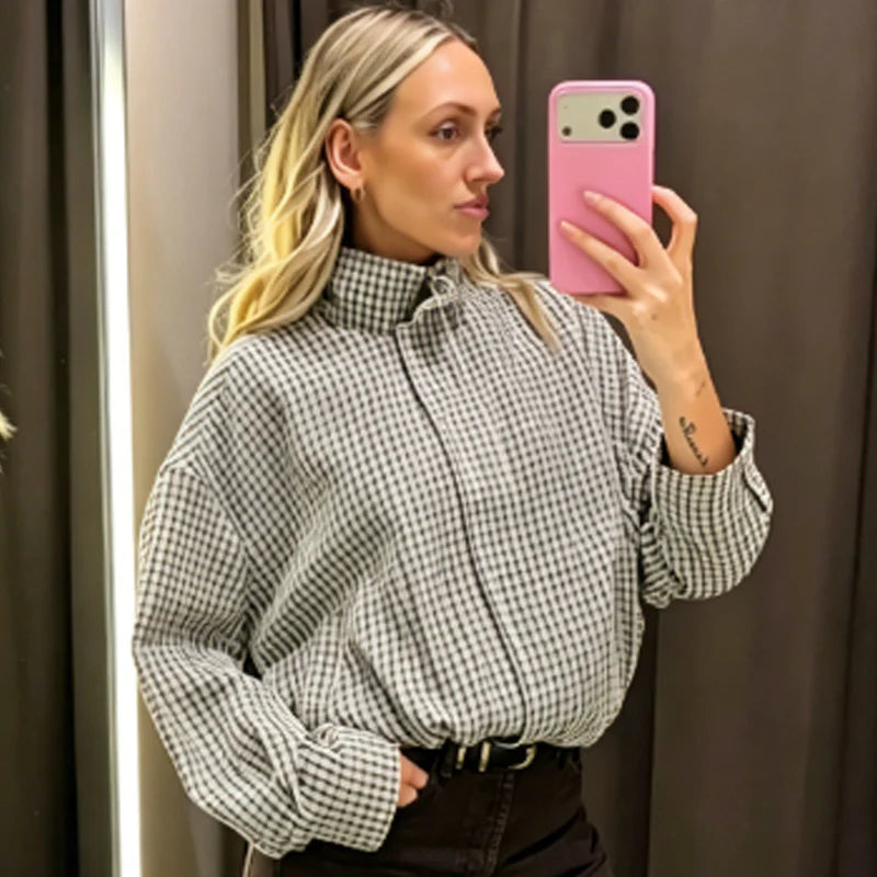 HXAO Plaid Bomber Jacket for Women - Oversized Cropped Long Sleeve Zipper Jacket for Spring & Autumn Casual Wear