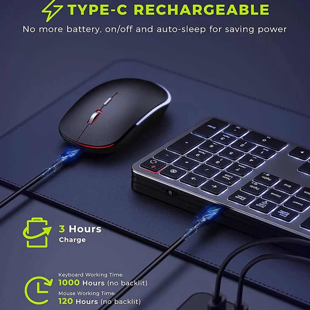 Wireless Backlit Keyboard and Mouse Combo – 2.4G USB Rechargeable Silent Full-Size Slim Set