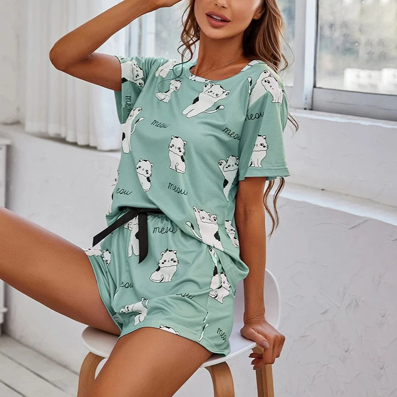 Women's 2-Piece Pajamas Set – Short Sleeve Cartoon Print Top and Pants Sleepwear Loungewear