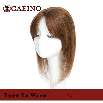 Straight Human Hair Topper With Bangs - Silk Base Clip In Real Hair Extension For Women Chocolate Brown Light Brown