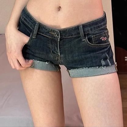 Summer Women’s Korean Style Denim Shorts – Low Waist Elastic Slim Fit Deep Blue Hot Pants