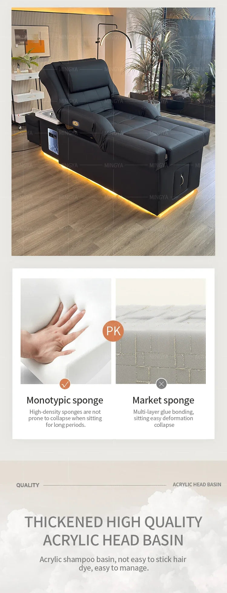 Modern Beauty Salon Shampoo Bed with Back Lift, Massage Headrest & Foot Spa Pedicure Station
