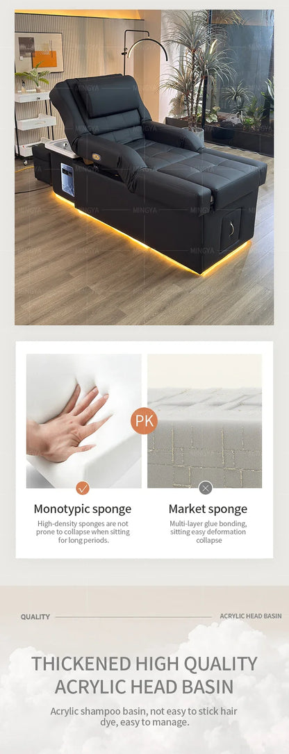 Modern Beauty Salon Shampoo Bed with Back Lift, Massage Headrest & Foot Spa Pedicure Station