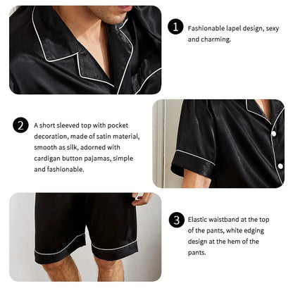 Men’s Satin Pajama Set – Summer Short Sleeve Button-Down Shirt & Shorts, 2-Piece Sleepwear Home Clothes