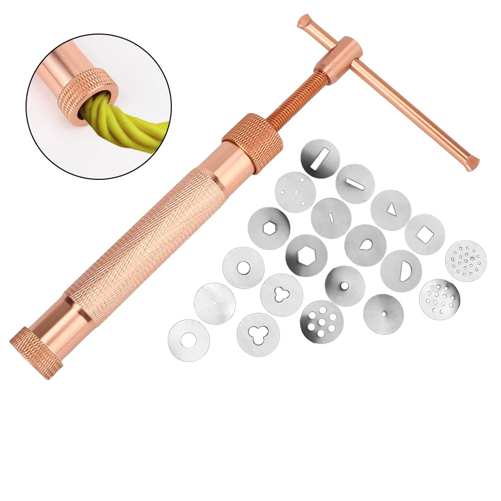 Cake Sculpture Clay Tool Gun – Rose Gold Fondant Extruder with 20 Tips for Sugar Paste Craft
