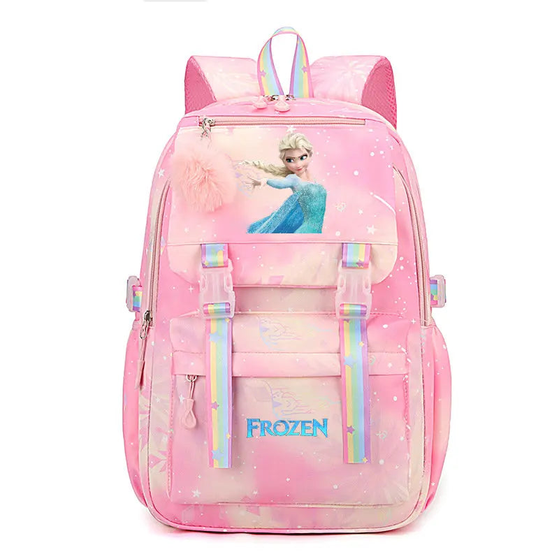 MINISO Kawaii Frozen Girls Backpack – Rainbow Schoolbag & Travel Laptop Bag for Kids & Teenagers