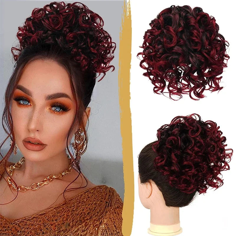 Synthetic Messy Curly Hair Bun – Short Loose Wave Updo Ponytail, Blonde Chignon Hairpiece, Heat-Resistant Extensions for Women