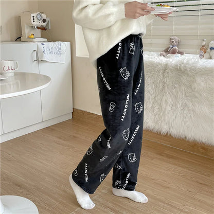 Kawaii Hello Kitty Flannel Pajama Pants – Warm Woolen Anime Trousers for Women, Cute Autumn Loungewear Gift
