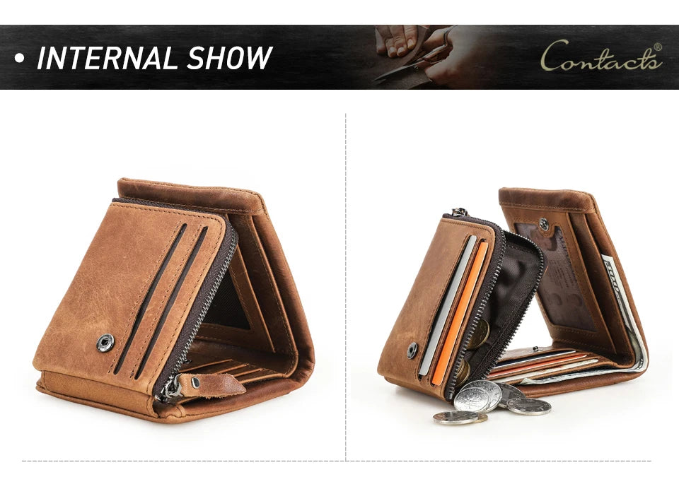 CONTACT'S Genuine Crazy Horse Leather Trifold Wallet – Vintage Men's Cowhide Wallet with Zip Coin Pocket