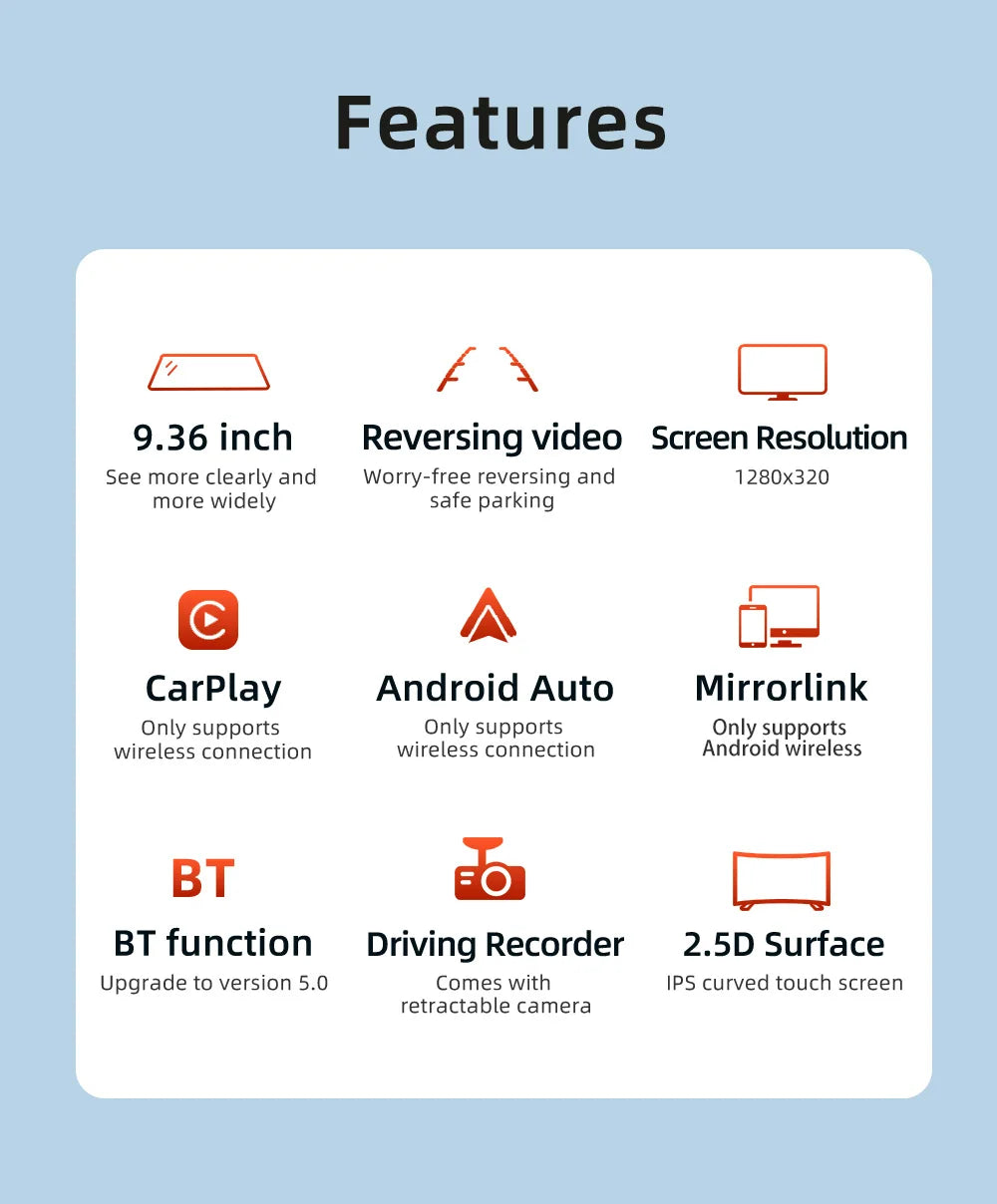 9.36" Car Stereo Touchscreen - MirrorLink, CarPlay & Android Auto Rearview Mirror Recorder with AUX, Bluetooth & FM Radio